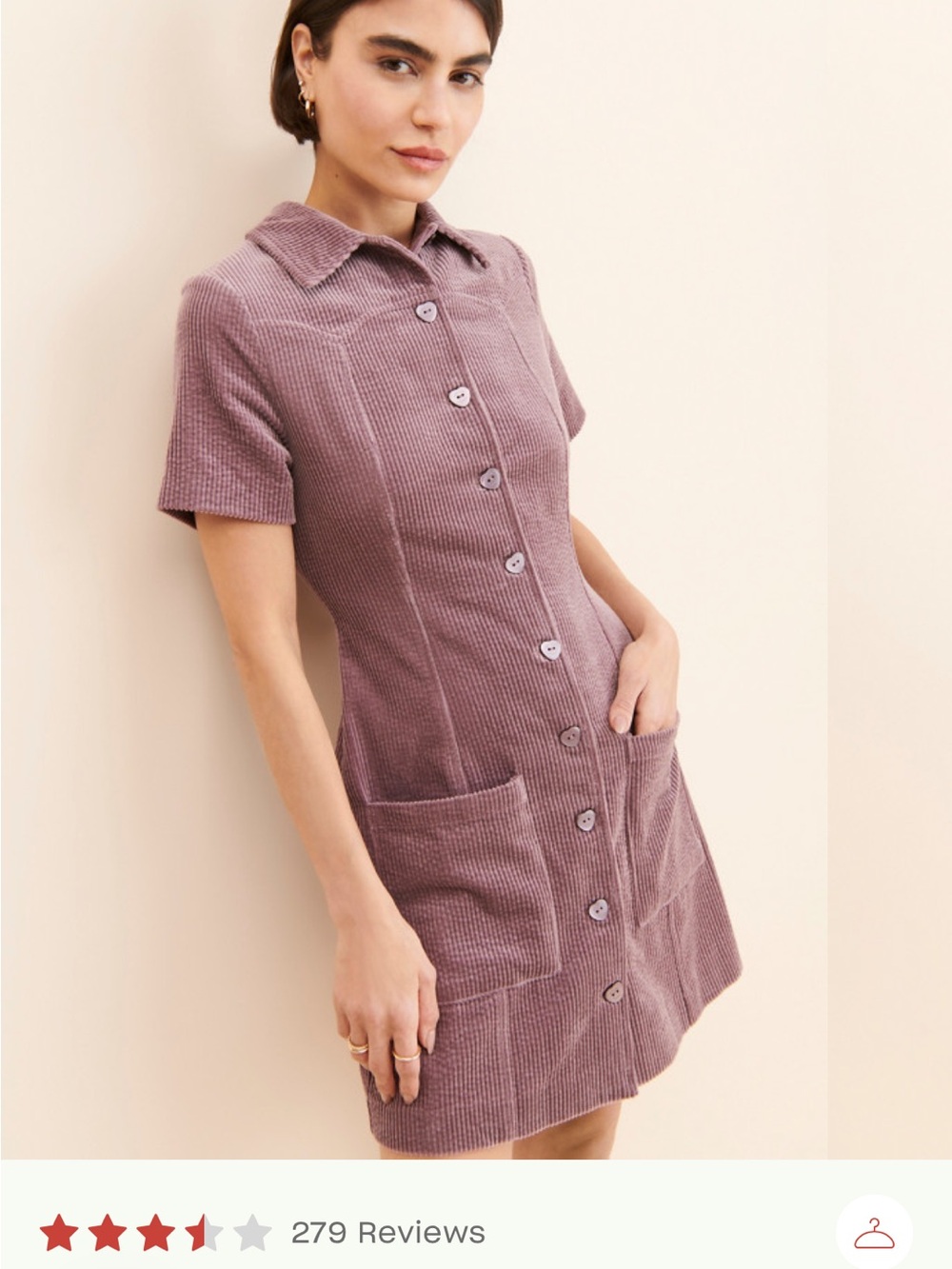Anthropologie Rolla”s  Francoise Corduroy  Short-Sleeve Corduroy Dress Mauve